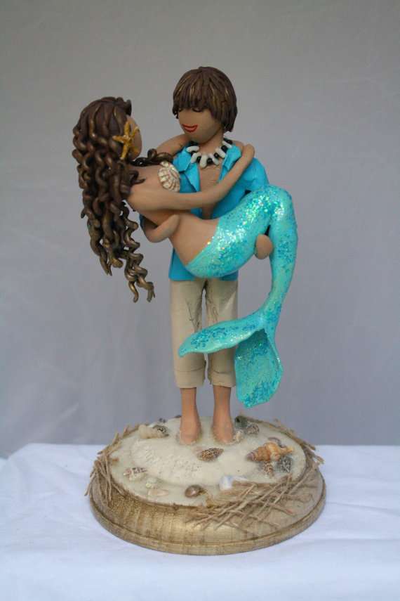 Mermaid bride and Beach boy groom Wedding cake topper customized to your features