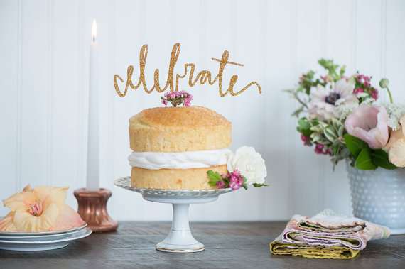 CELEBRATE cake topper in gold, silver or champagne glitter