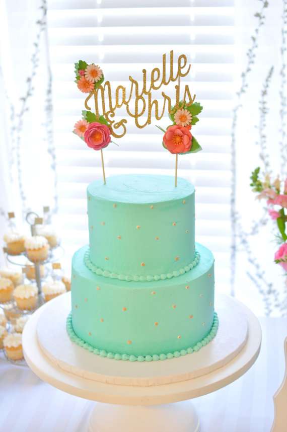 Custom wedding or birthday paper floral cake topper personalized with your text and colors gold glitter mint blush pink handmade flowers