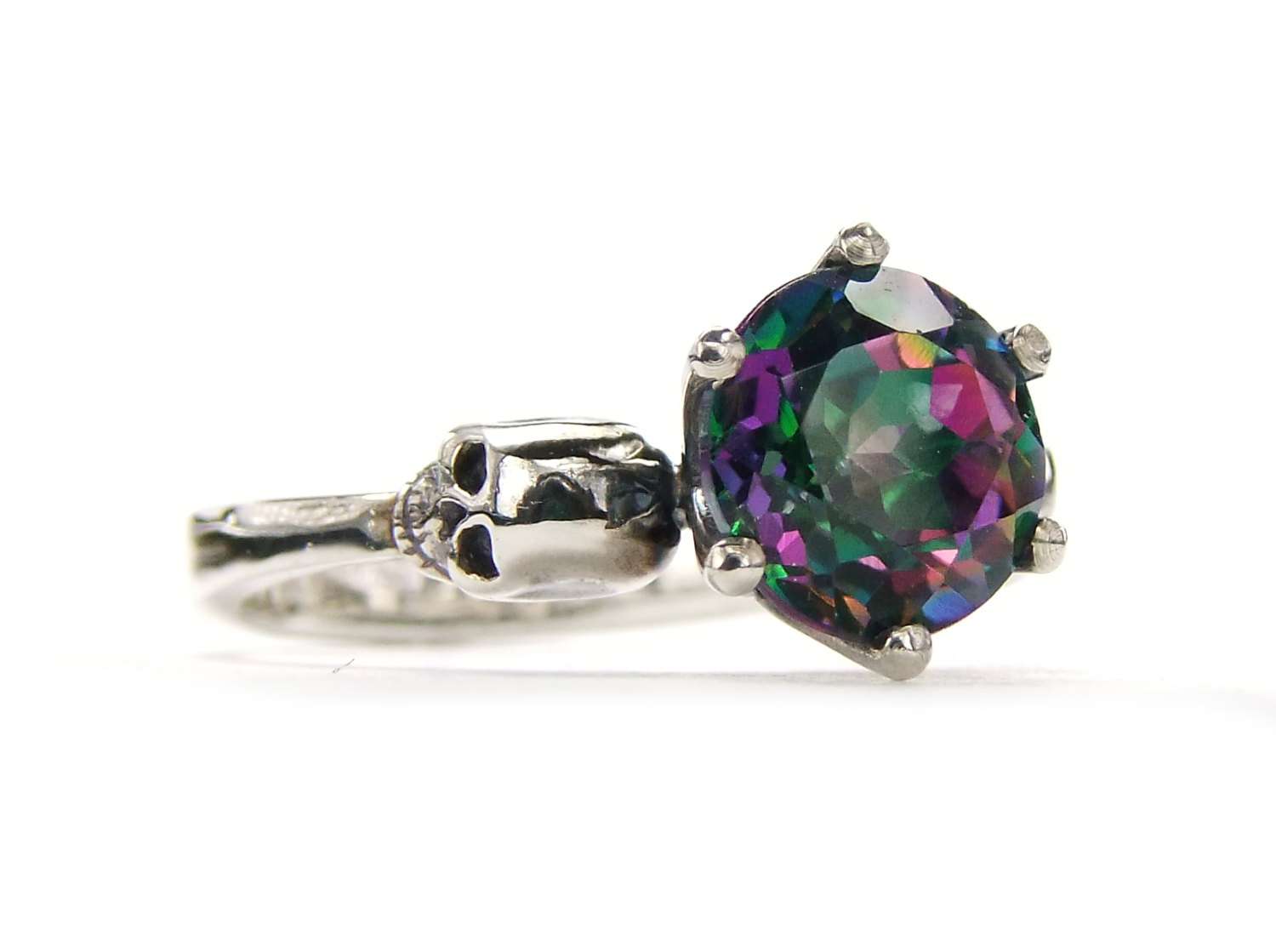 Sterling Goth Skull Engagement Ring Mystic Topaz Silver Ring Green Pink
