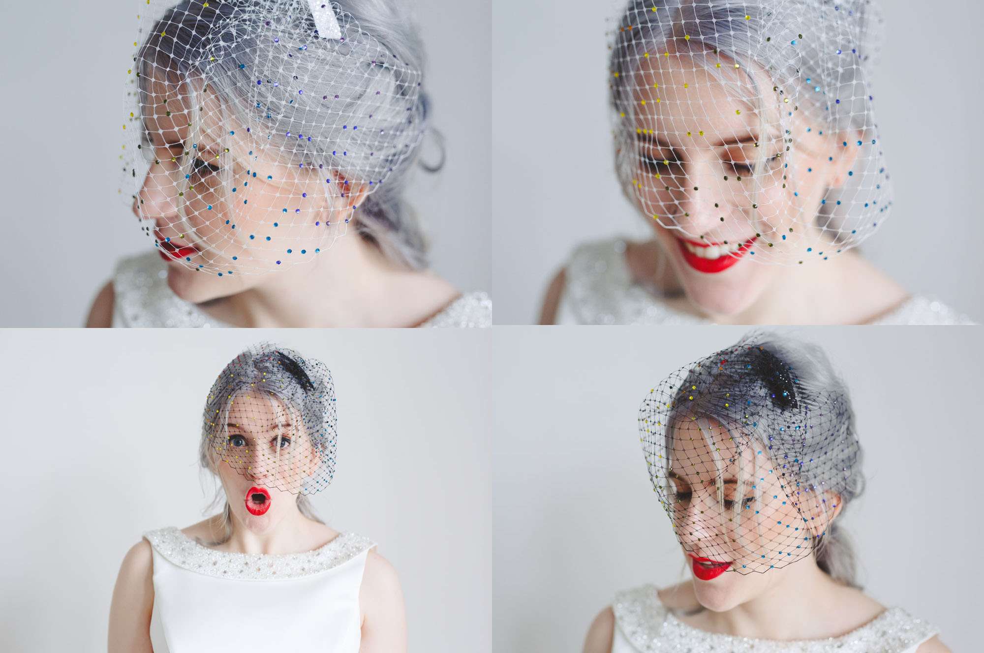 Rainbow Gem Encrusted Birdcage Veil