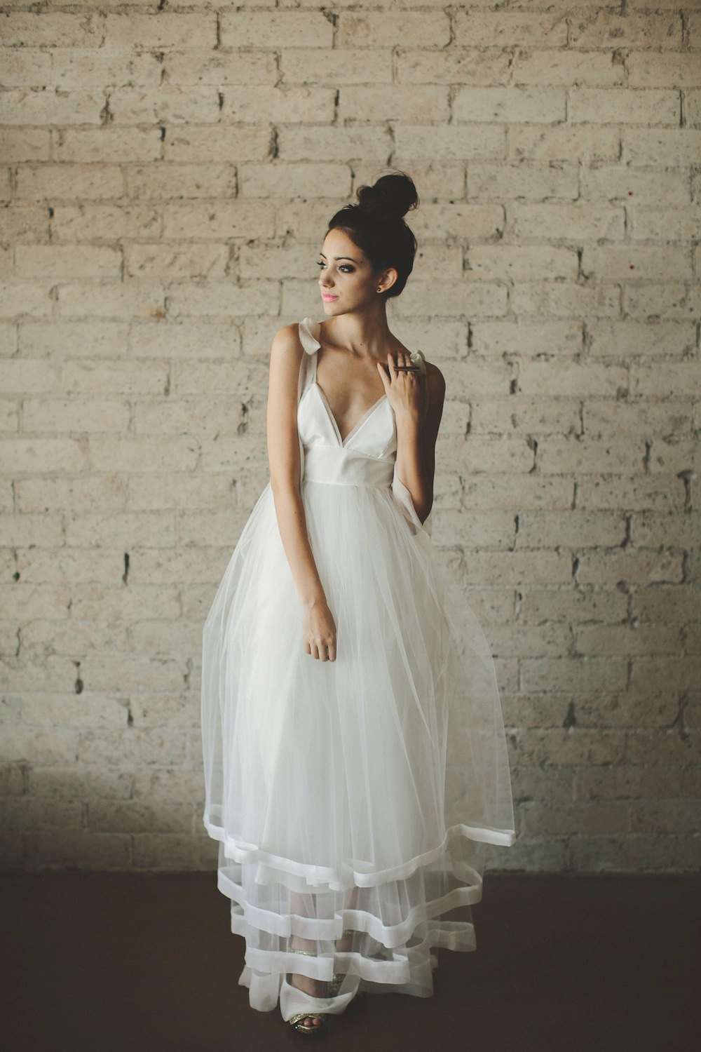 Deep V Neck Floor Length A Line Tiered Tulle Wedding Dress - Juliana by Cleo and Clementine