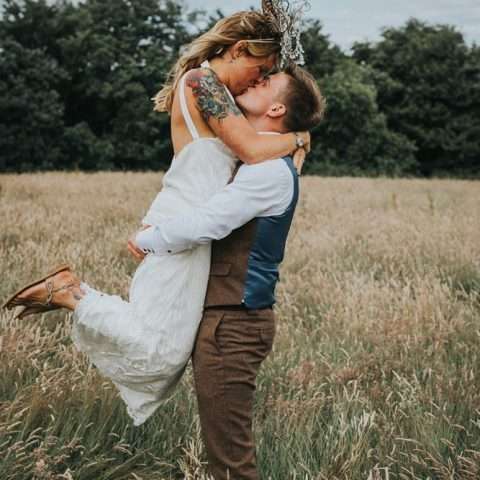 Cool Tattooed B&G Wedding at FForest wearing headpiece(s) from Curious Fair