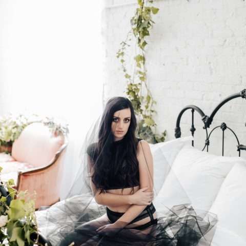 Dark Boudoir Bridal Shoot With Greenery and Florals 00007