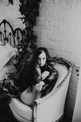 Dark Boudoir Bridal Shoot With Greenery and Florals 00097