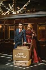 Vintage Train Museum Red Dress Cocktail Hour Wedding 55