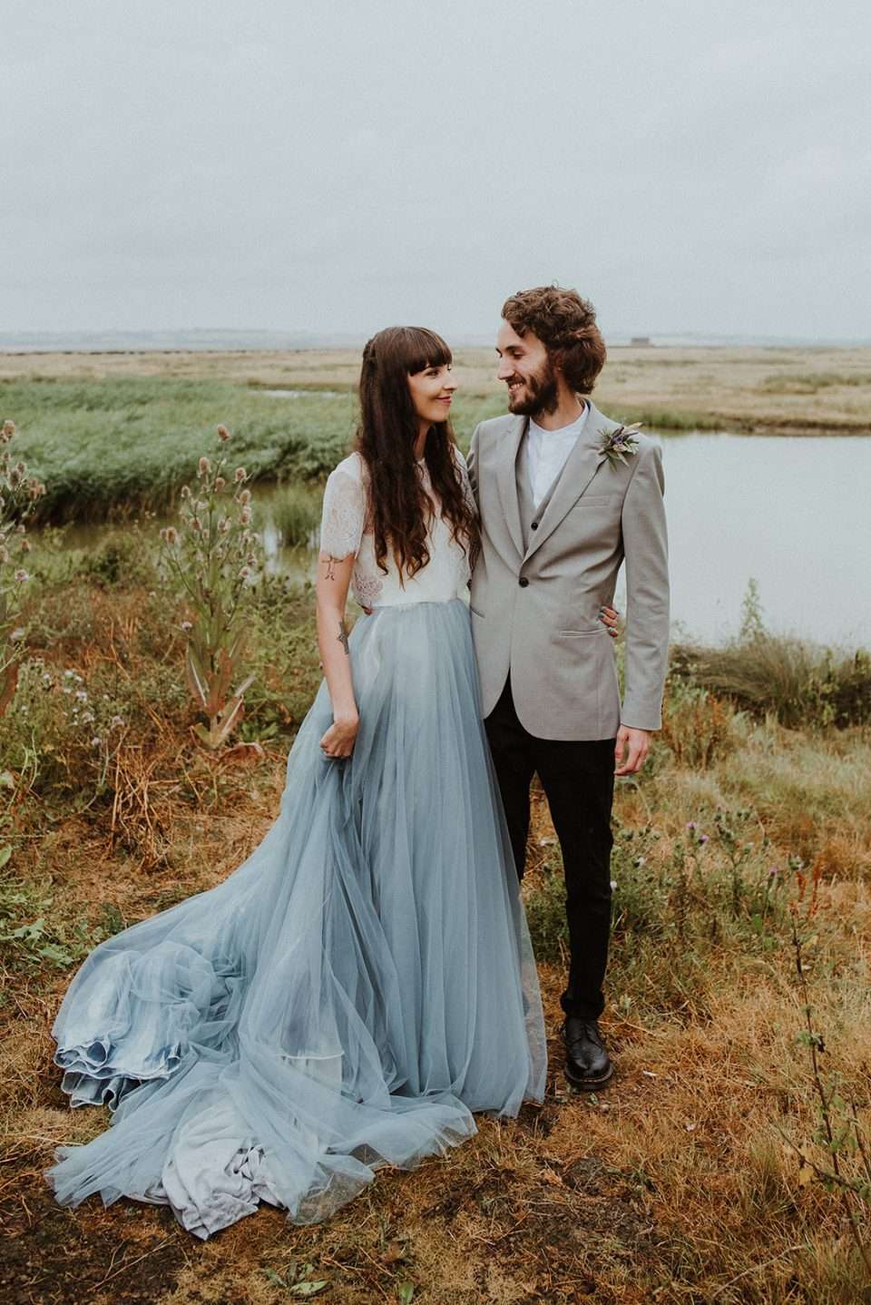 blue wedding dress simple Princess Blue Boat Neck Wedding Dress Ball Gown Simple Tulle Wedding G main image 1