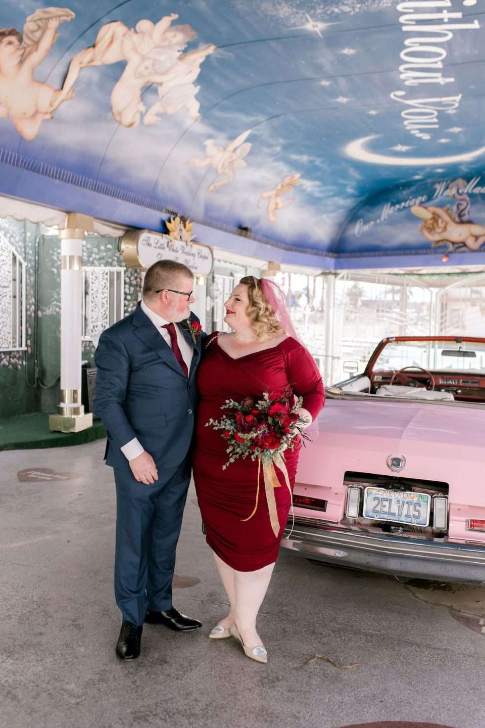 Vintage Vegas DriveThru Elopement in a Pink Cadillac · Rock n Roll Bride