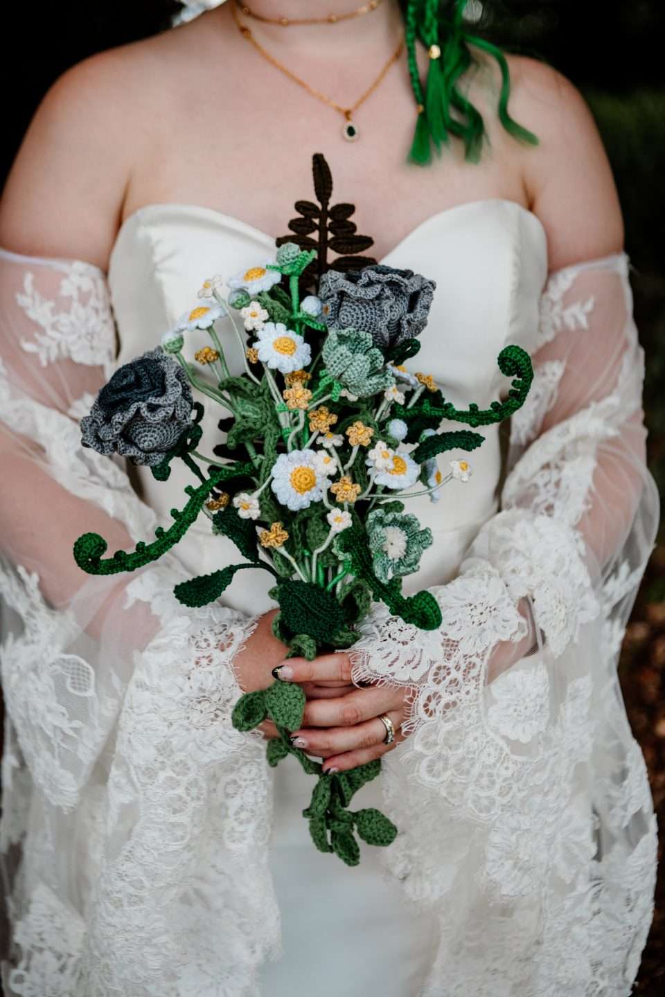flowers to go with emerald green dress Middle Earth Inspired Wedding all Florals Crocheted by the Bride · Rock n Roll Bride what color flowers go.with emerald green dress