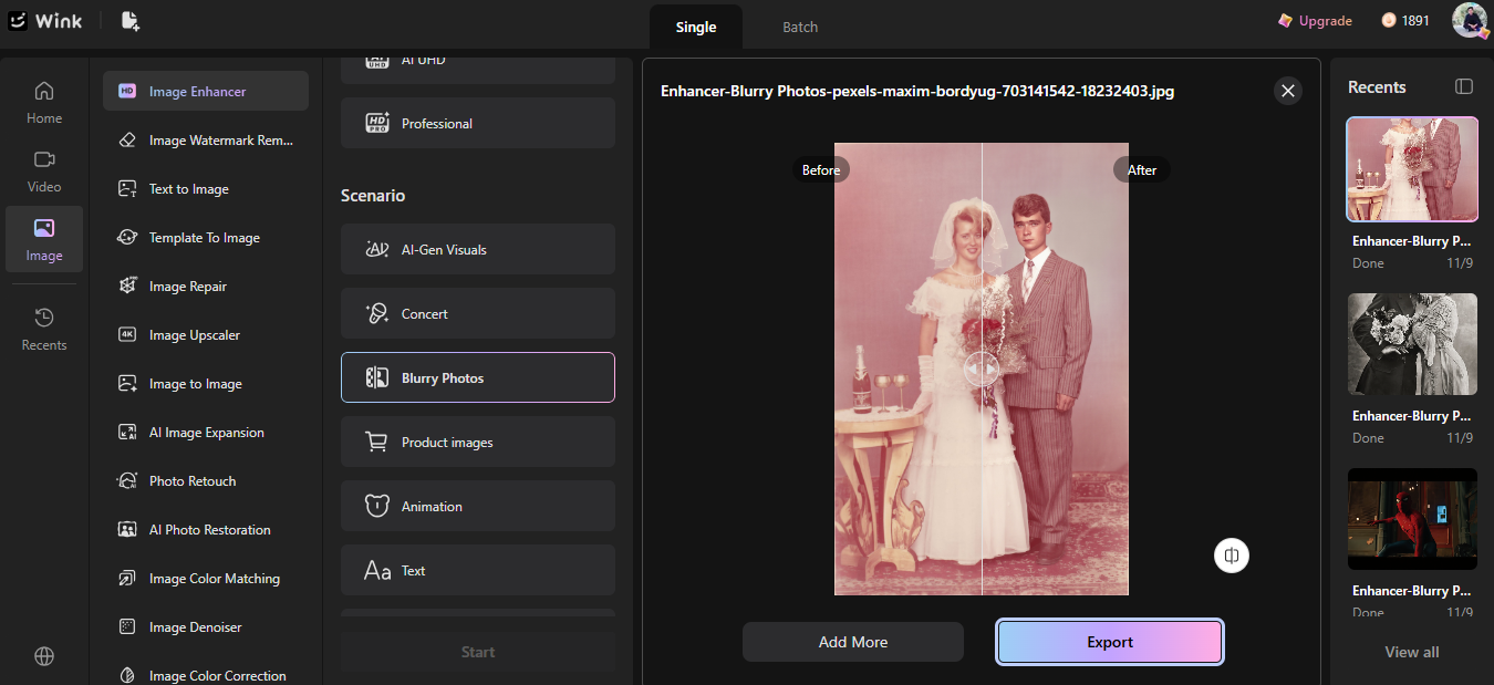 wink ai image repair and color correction